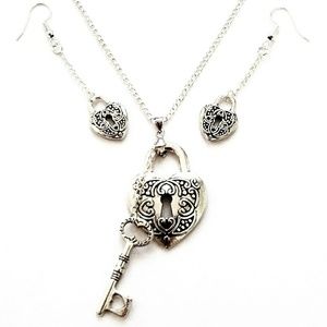 Silver Heart Love Lock Pendant Key Charm Necklace